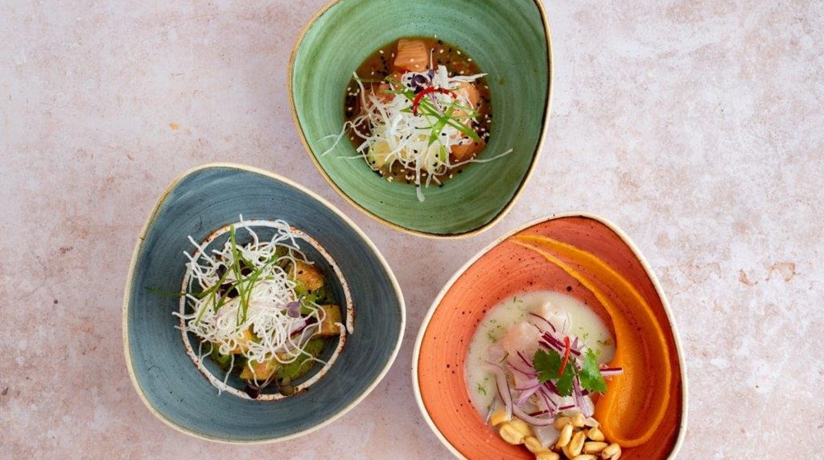Drei Ceviches in bunten Keramikschalen auf hellem Untergrund