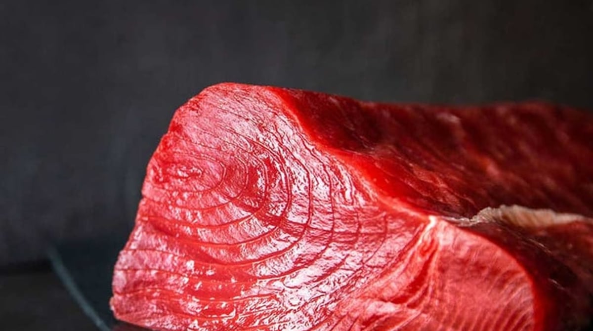 Rotes Thunfischfilet auf dunklem Untergrund
