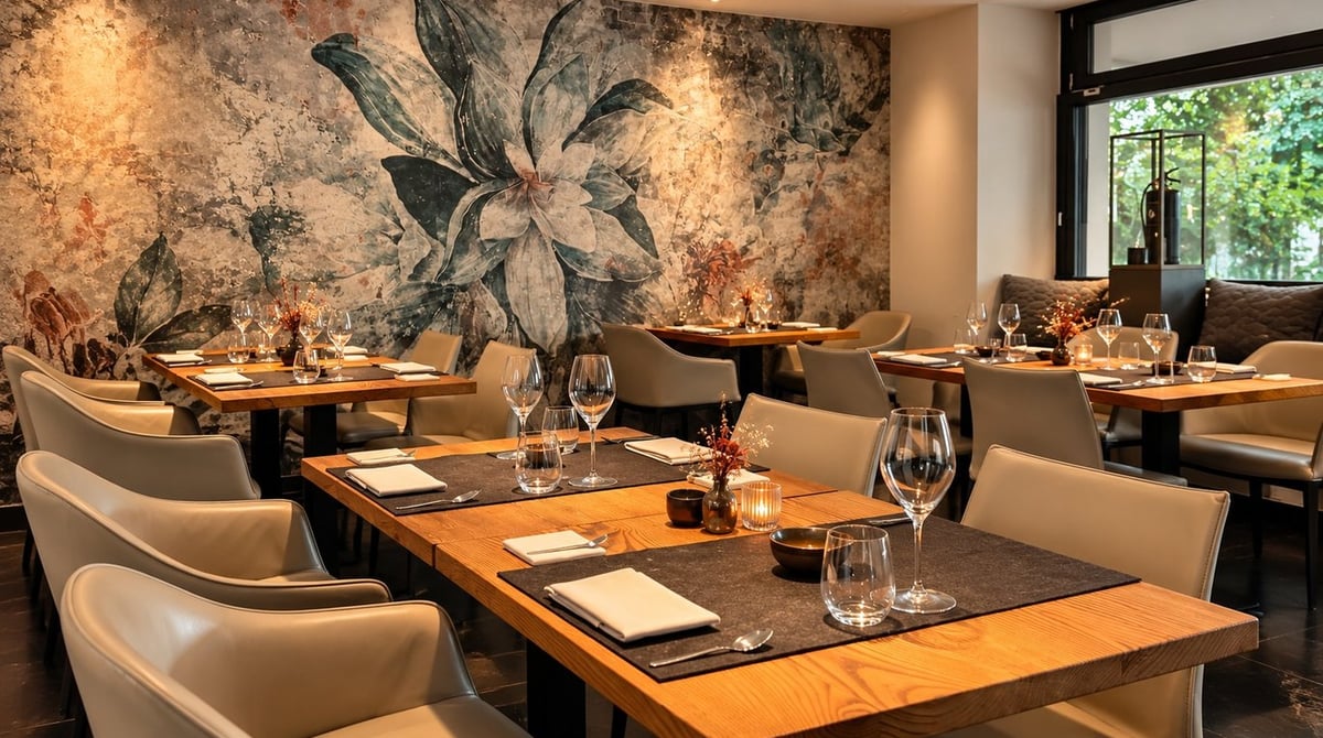 Gastraum des Restaurants Showroom mit Holztischen und Blumenmotiv an der Wand