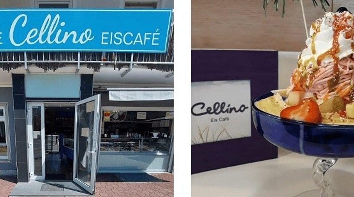 Eingang des Eiscafé Cellino in Pasing und ein Spaghettieis-Becher