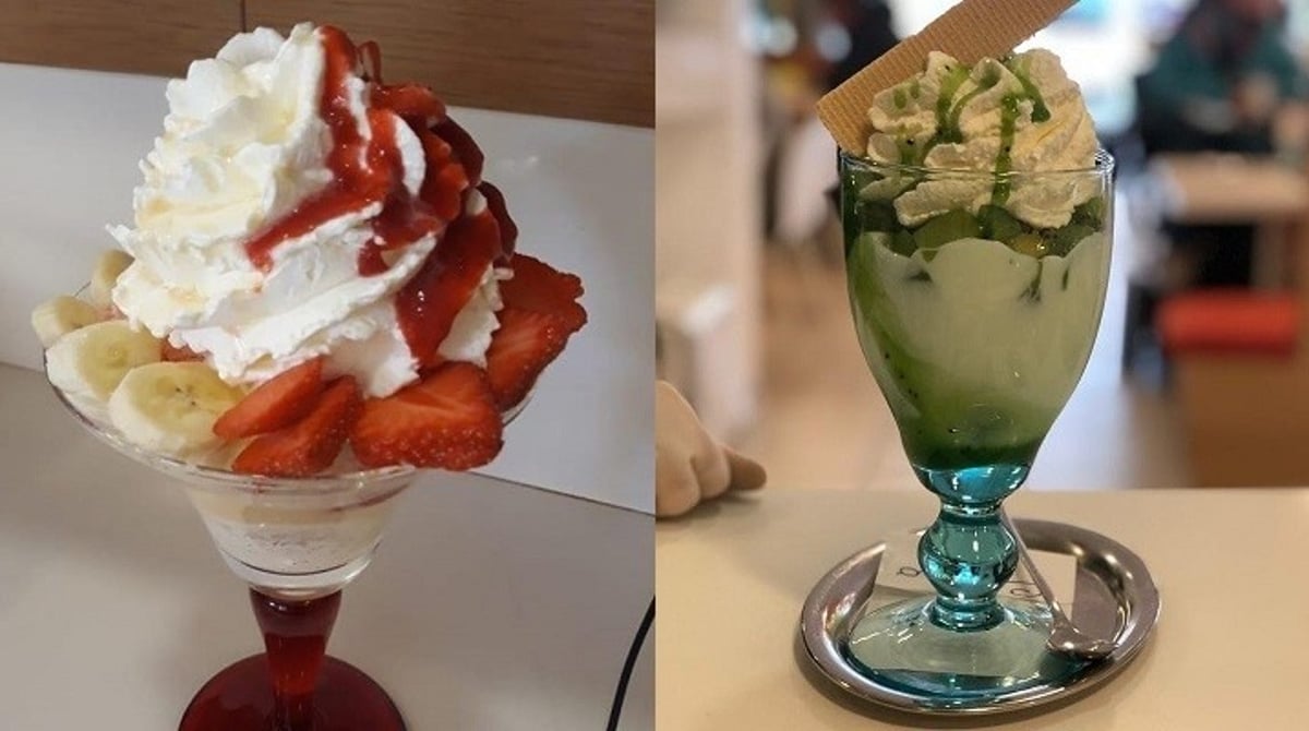 Zwei Eisbecher des Eis Cafe Cellino: Erdbeerbecher mit Banane und Sahne sowie ein grüner Becher mit Waffel