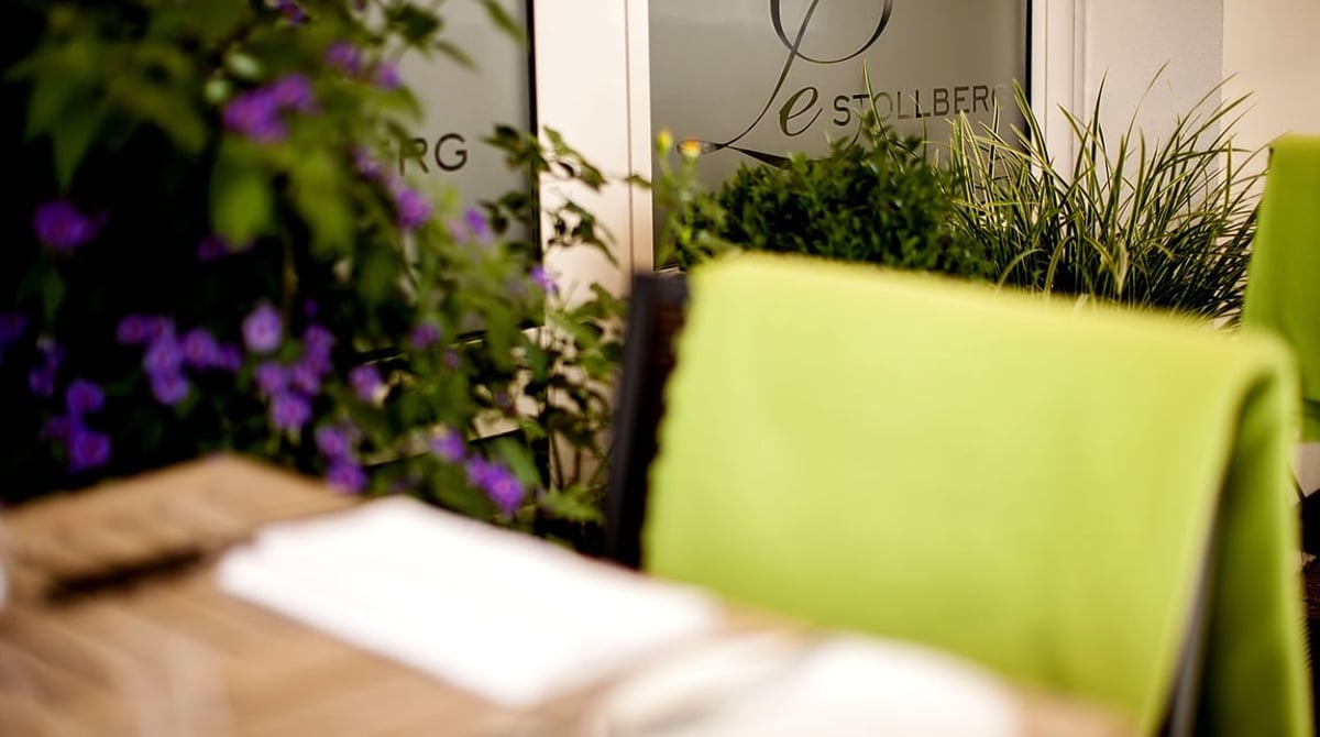 Gedeckter Tisch mit grüner Decke vor Pflanzen und dem Schriftzug Le Stollberg im Fenster