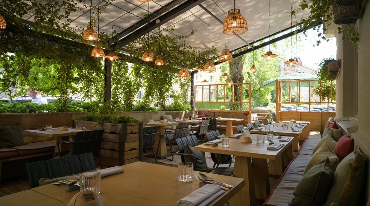 Überdachte Terrasse des Beetle mit Rankpflanzen und Holztischen