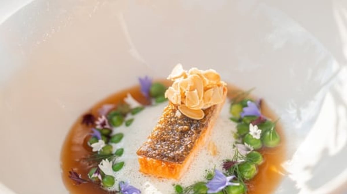 Fischfilet mit Erbsen und Kräutern in Brühe auf einem tiefen weißen Teller