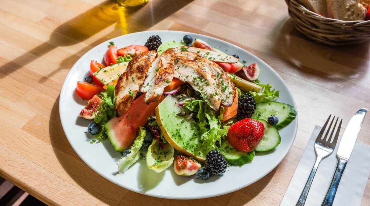 Salat mit gebratener Hähnchenbrust, Beeren und Melone