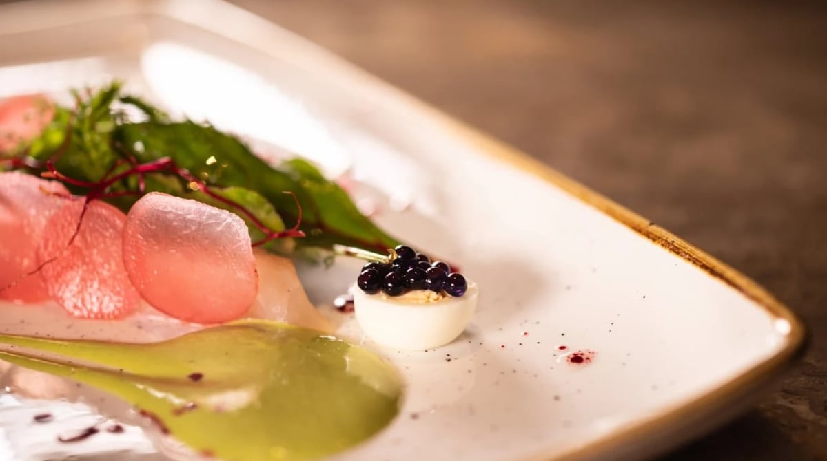 Fischgericht mit rosa Scheiben, grüner Sauce und Kaviar auf einem Teller