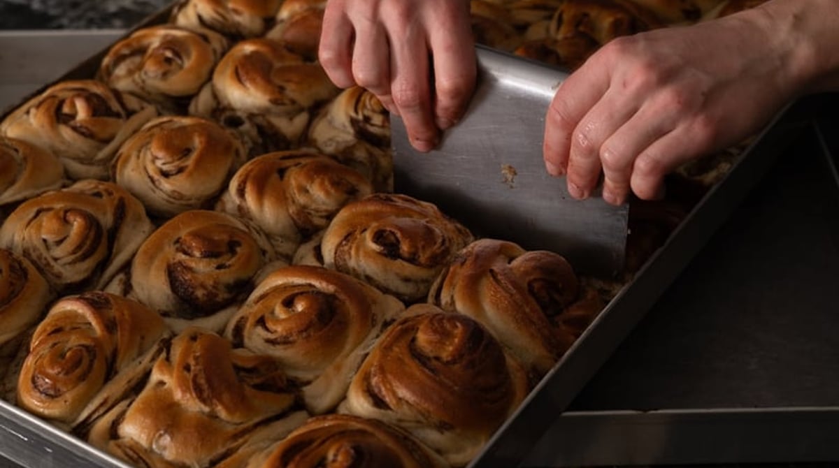 Frisch gebackene Zimtschnecken auf einem Blech in der Backstube, Hände teilen sie mit einem Teigspachtel