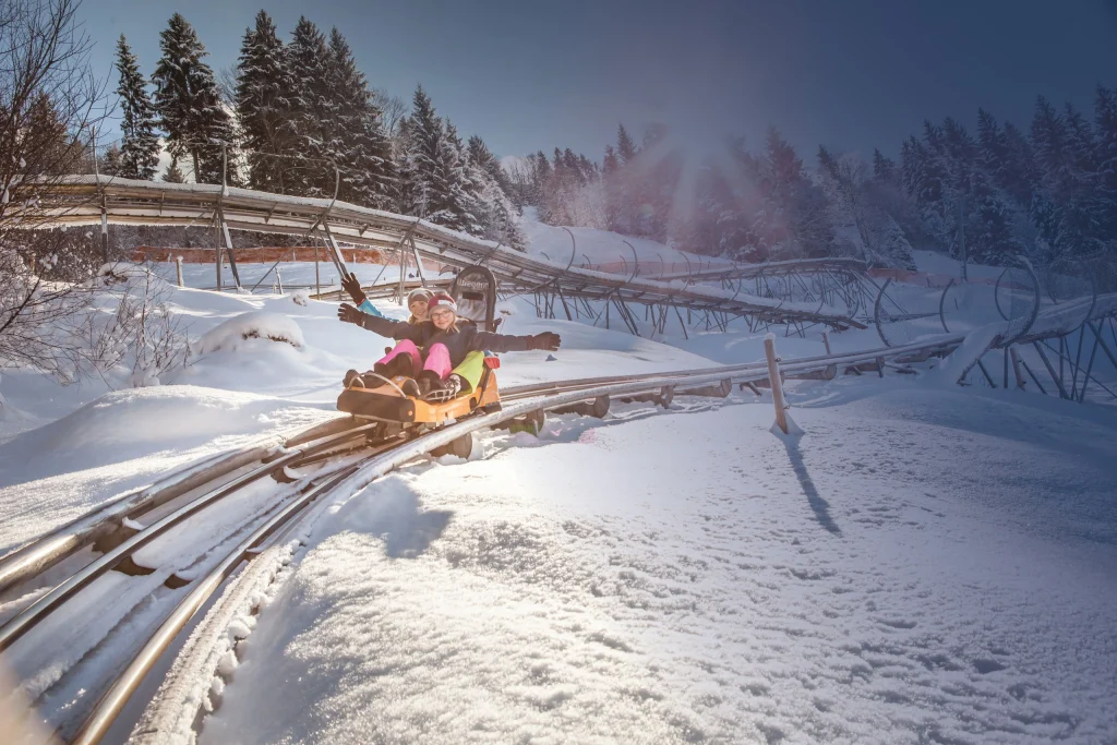 Kolbensattel-Alpine-Coaster-2 - IN München - Das Stadtmagazin Two kids ride a bright orange sled down a snow-covered roller-coaster track surrounded by pine trees and a clear blue sky.