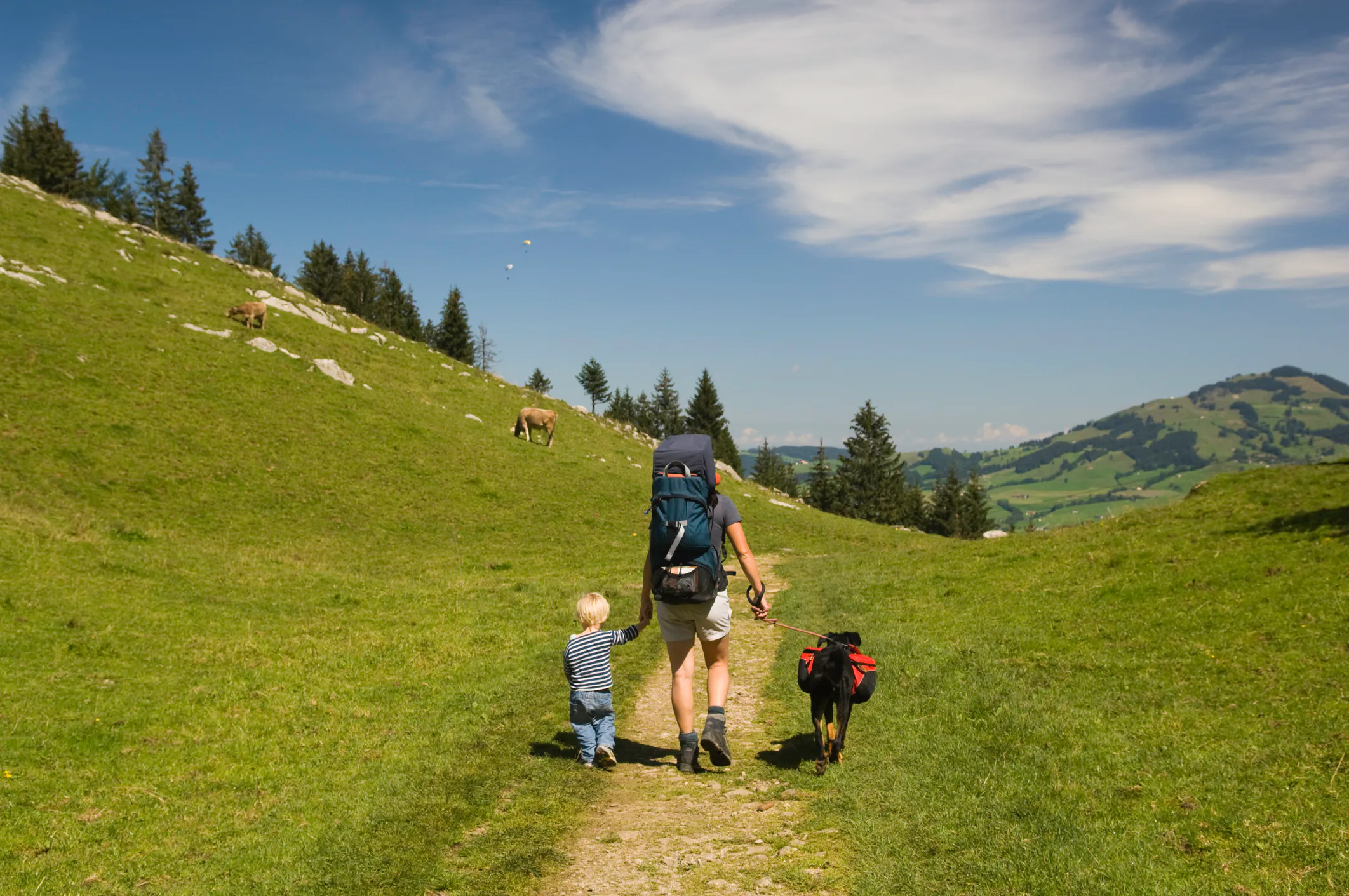 Wanderung mit Kindern München und Umland, Eltern mit Kleinkind und Hund beim Wandern