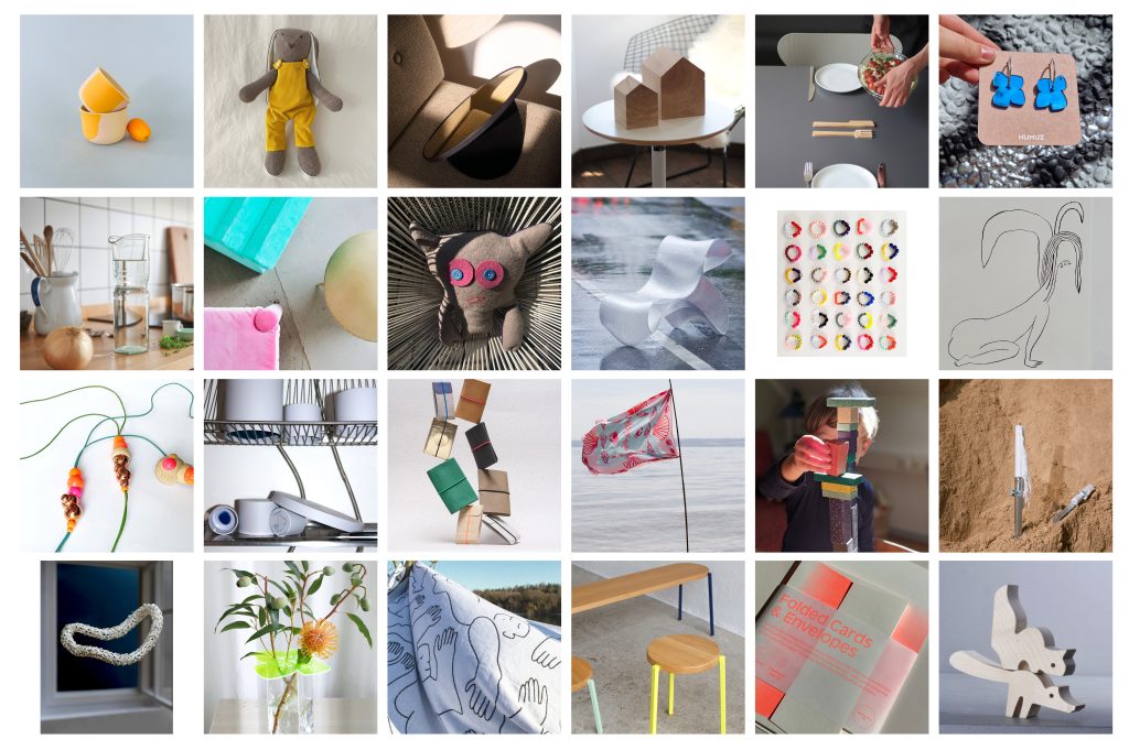 Collage of assorted handmade crafts and objects, including ceramics, plush toy, wooden blocks, metal kitchenware, and paper/drawn art.