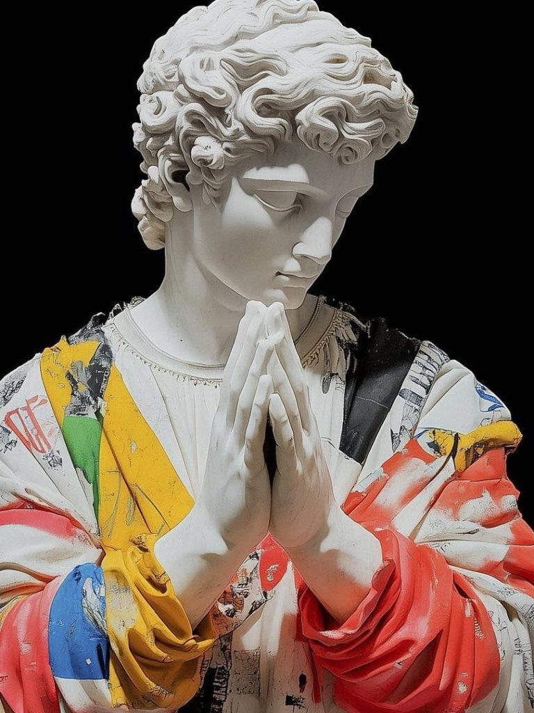 Stroke 2026 - IN München - Das Stadtmagazin Poster for Stroke Boutique Art Fair (1–3 May 2026) showing a classical statue with hands in prayer, wearing a bright, multicolored garment on a black background.