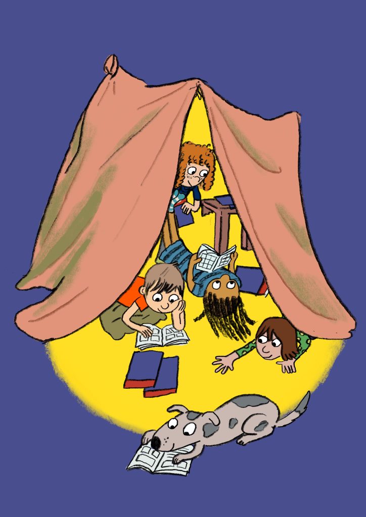 Children reading books inside a warm, yellow-lit tent while a dog lies nearby outside the tent.