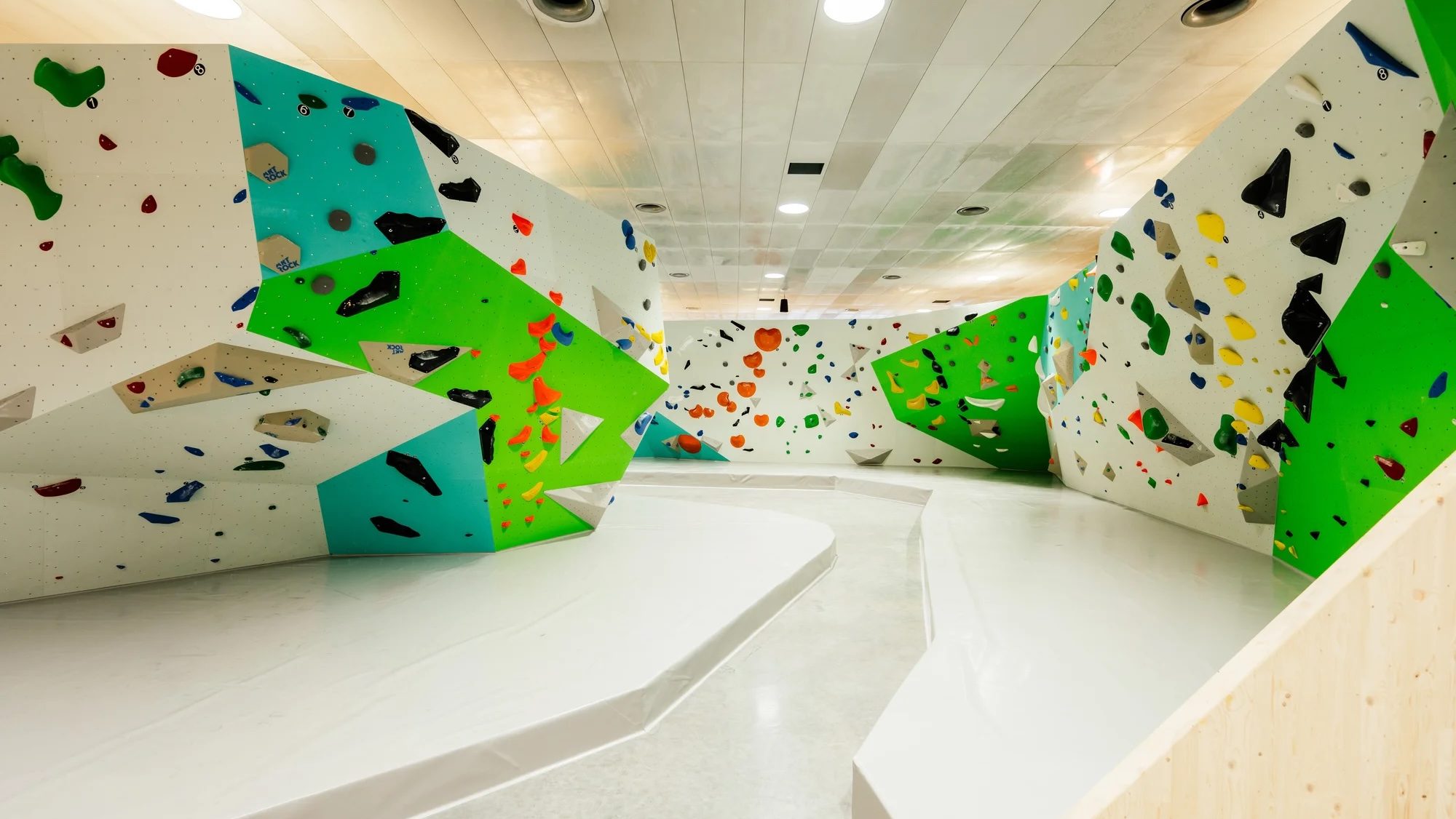 MAP_c_fabianstoffers_5823 (1).c4ddb1e9 - IN München - Das Stadtmagazin Indoor bouldering gym with bright green and turquoise climbing walls and a variety of colored holds on angled panels.