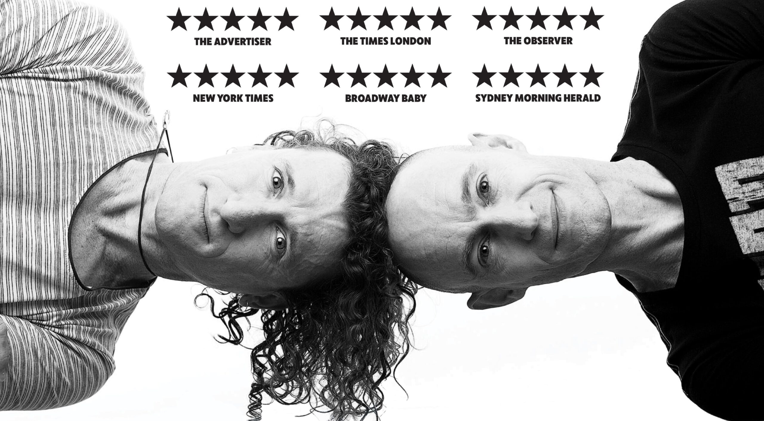 Two people lying head-to-head, smiling, in black-and-white, with rows of 5-star ratings from newspapers above them.