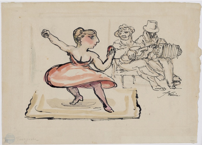 Dancer in a pink dress spins on a small stage while two seated musicians accompany, one with a string instrument and the other on an accordion.
