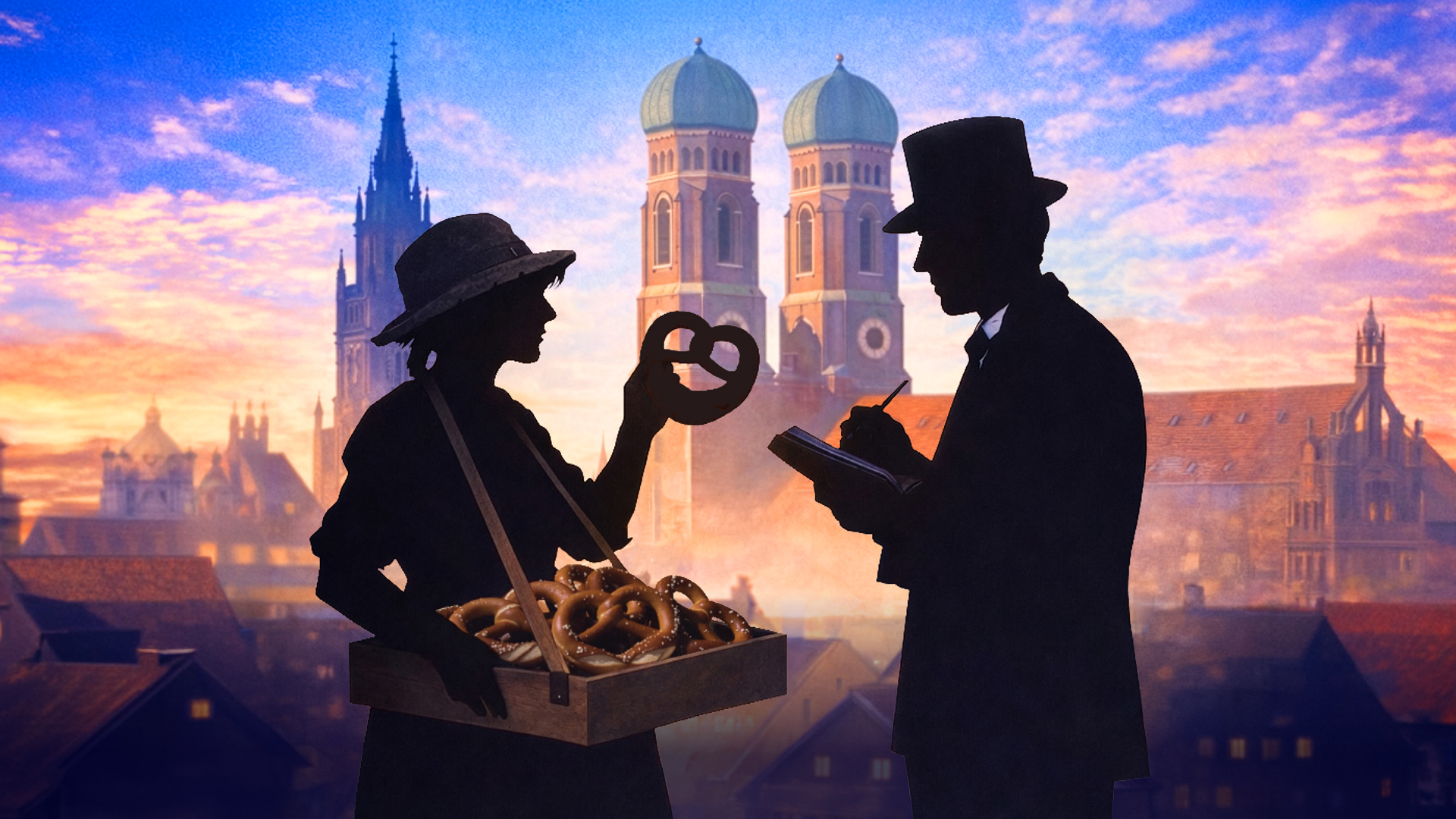 Silhouetted pretzel vendor offering to a man in a top hat against a sunset cityscape.