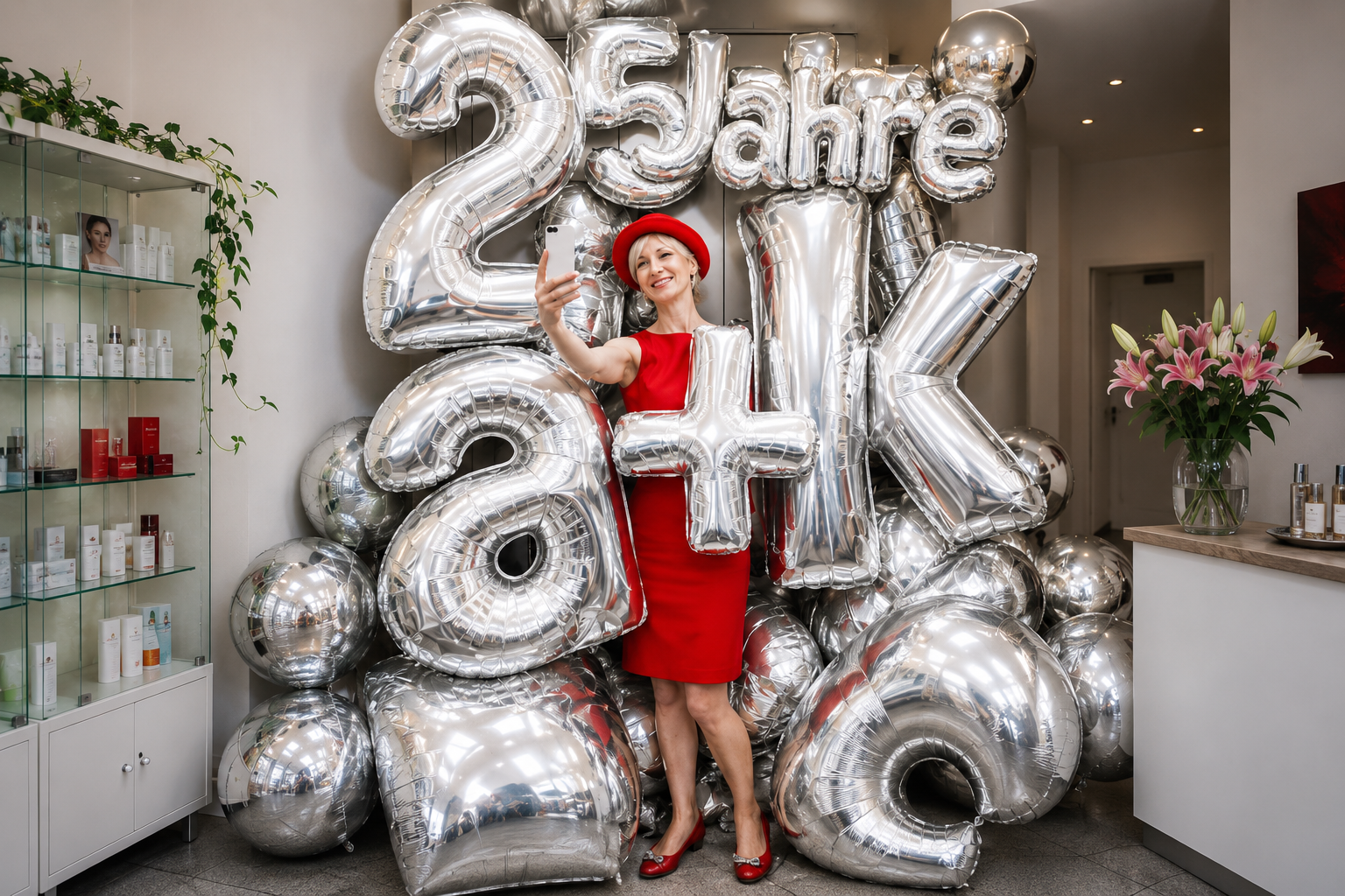 Woman in a red dress and hat takes a selfie among giant silver '25 Jahre' balloons in a beauty shop.