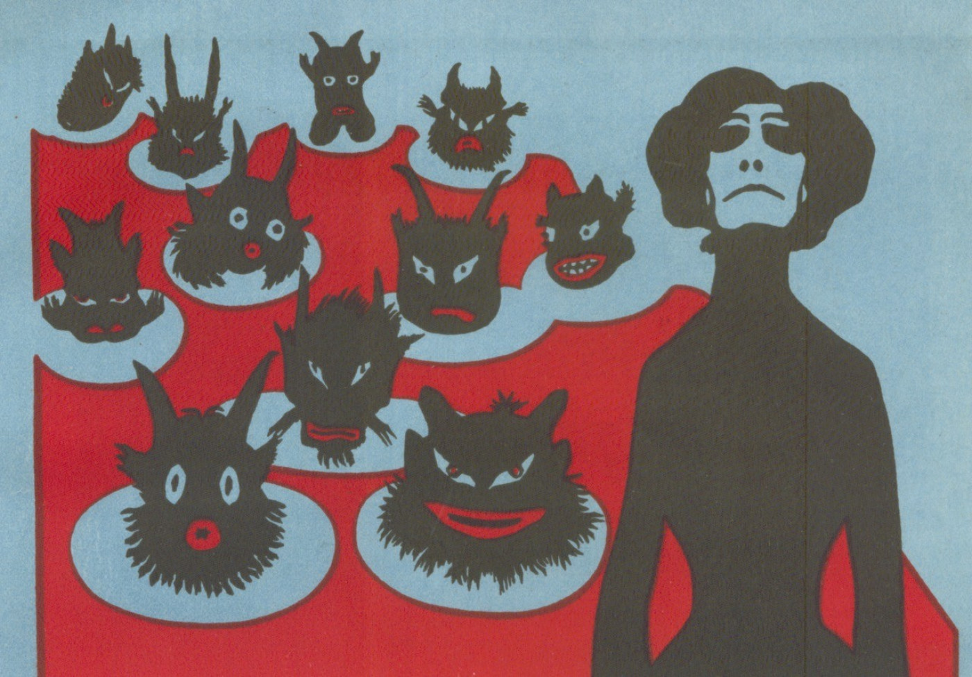 Tall figure with a pale face and dark clothing stands to the right, while a swarm of black monster heads with red mouths emerges from a red mass on the left against a blue background.