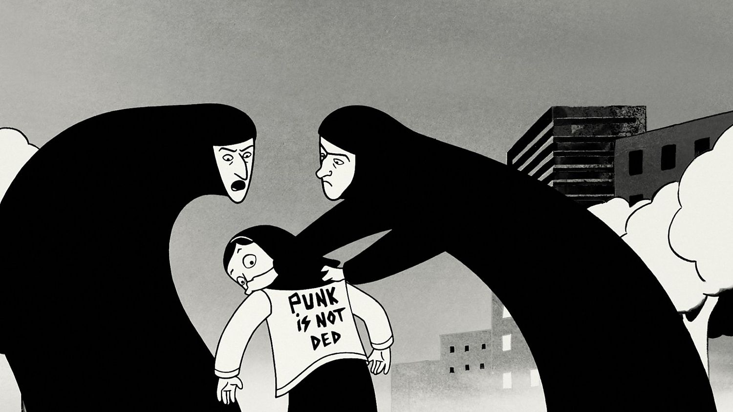 Two towering black figures seize a frightened child wearing a shirt that reads 'PUNK IS NOT DEAD' amid a desolate cityscape.