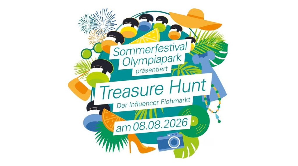 Colorful poster announcing a Treasure Hunt at Sommerfestival Olympiapark, dated 08.08.2026, with tropical icons and festive graphics.