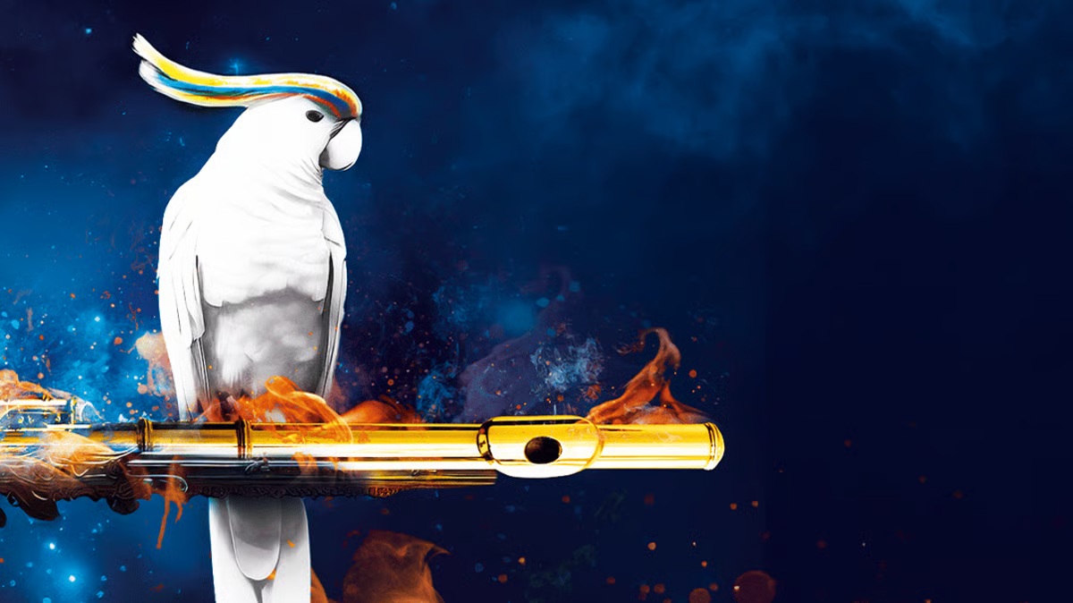 White cockatoo perched on a glowing gold fountain pen with flames against a dark blue background, conveying fiery creativity.