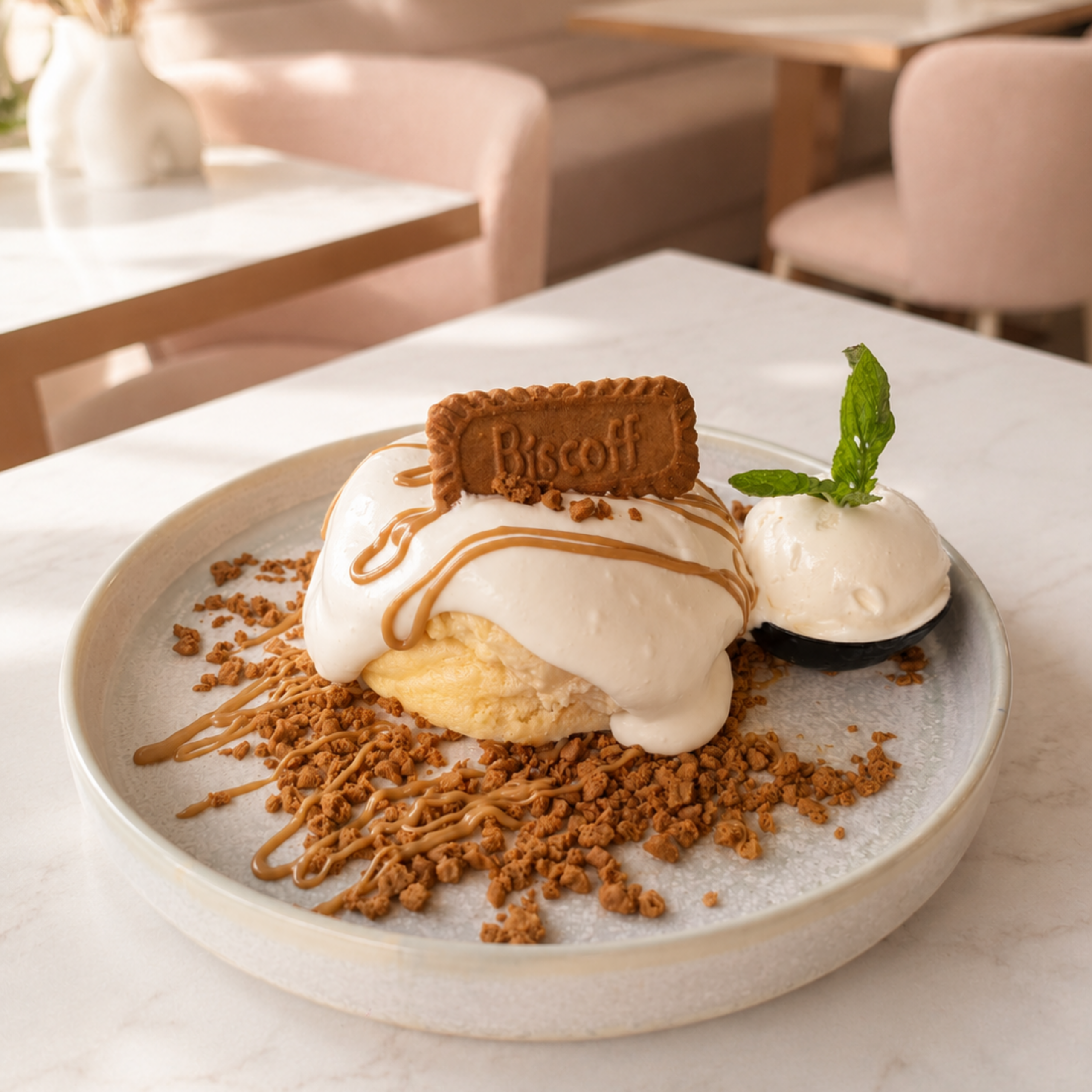 89 Tough Cookie UG_1 - IN München - Das Stadtmagazin Creamy ice cream dessert topped with a Biscoff cookie, caramel drizzle, and crushed cookies, garnished with a mint leaf on a plate.