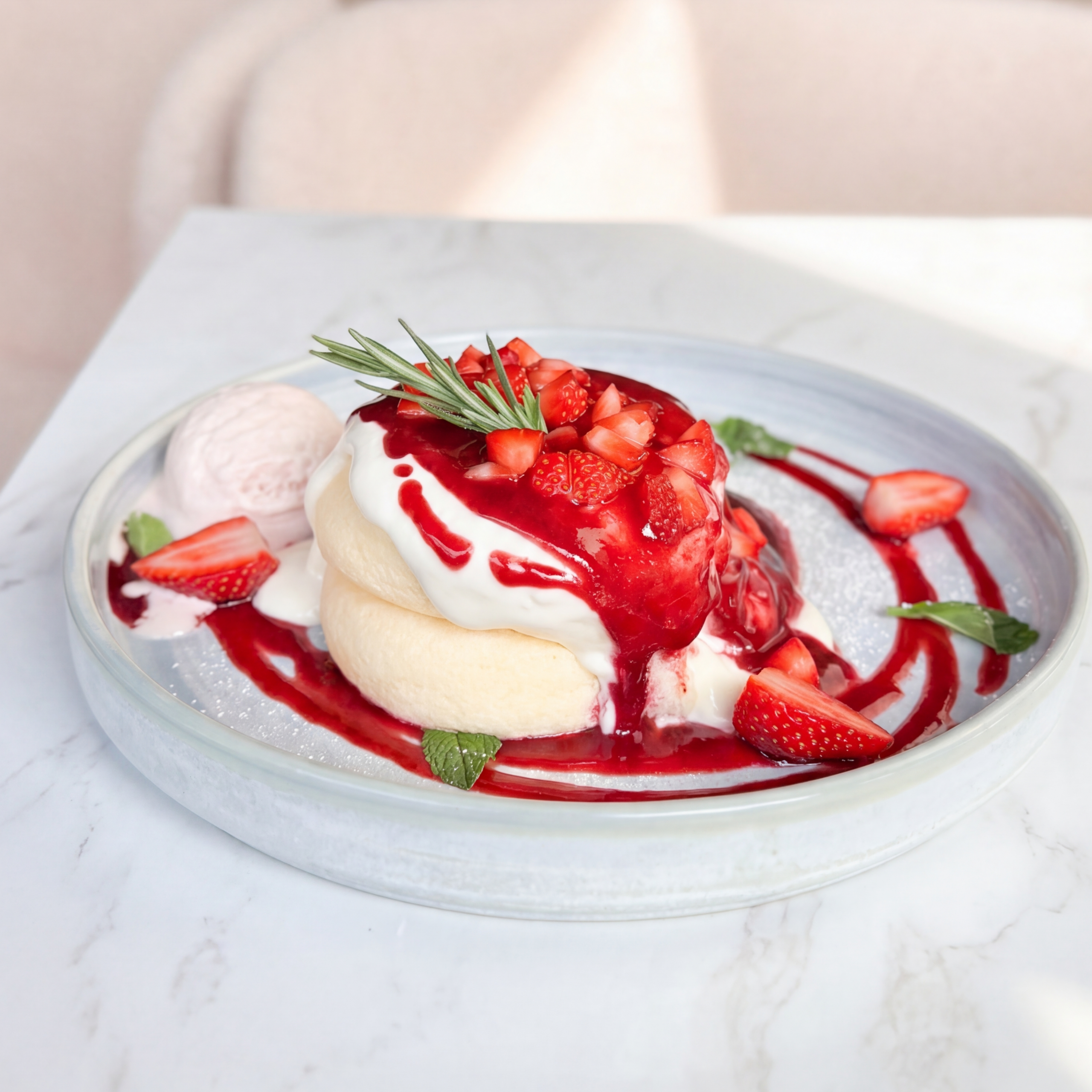 89 Tough Cookie UG_2 - IN München - Das Stadtmagazin Cream-topped pastry drizzled with strawberry sauce and garnished with fresh strawberries on a glass plate.
