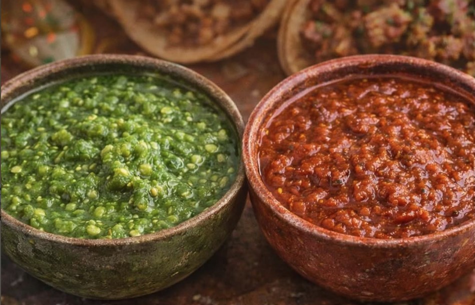 Two rustic ceramic bowls of chutney: bright green herb chutney on the left and deep red chili chutney on the right.