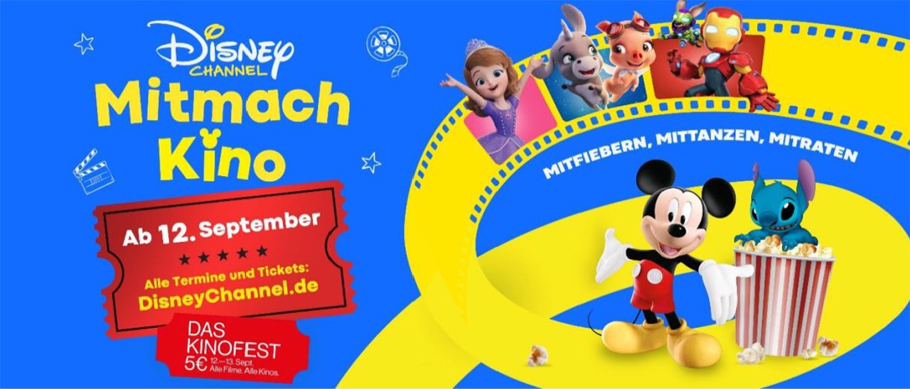 Promotional Disney Channel banner for Mitmach Kino, with 'Ab 12. September' and website info on a blue backdrop.