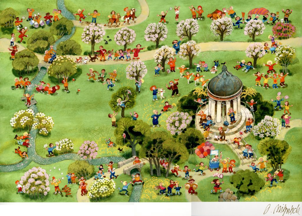 Engl-Garten - IN München - Das Stadtmagazin Busy sunny park filled with children playing, running, and walking along winding paths among trees and a domed pavilion.