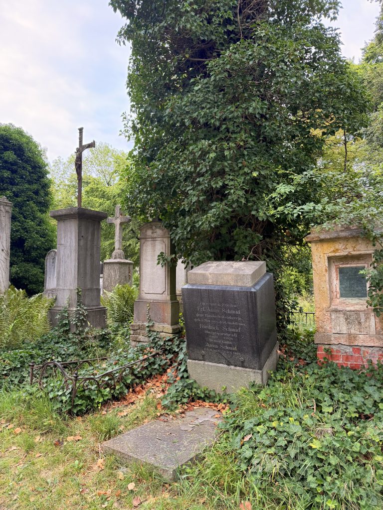 Weathered cemetery scene with tall stone tombs, a large leafy tree dominating the background, and ivy creeping over the graveships.