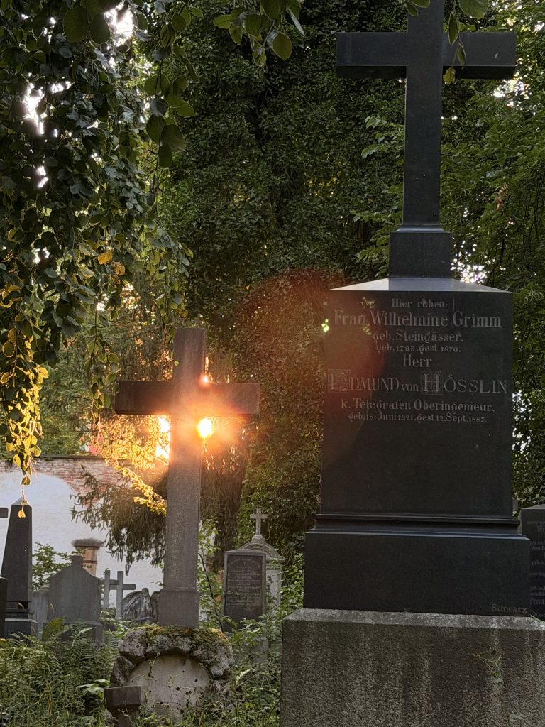 Tall dark tombstone with a cross, set in a overgrown cemetery with ivy and smaller graves nearby.