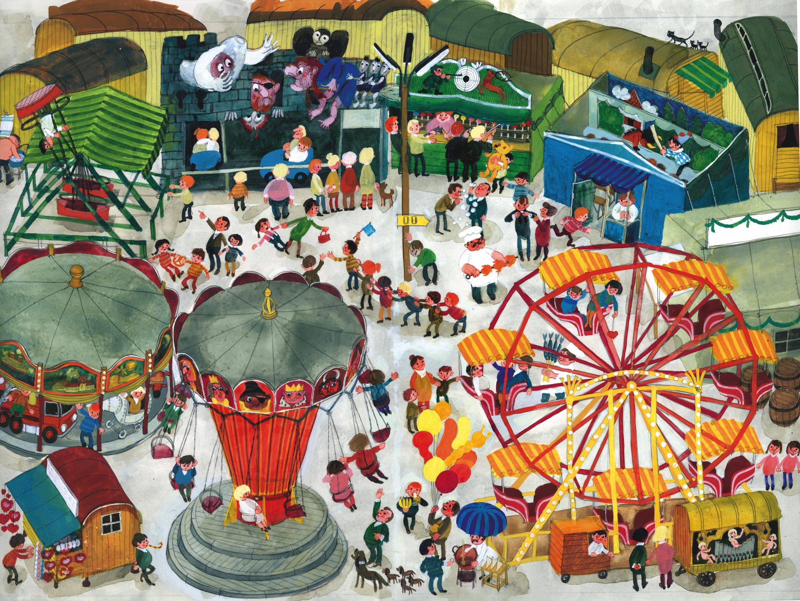 Ein Wimmelbild Illustration von Ali Mitgutsch. Es zeigt einen Ausschnitt des Oktoberfestes mit Karussel, Geisterbahn und Riesenrad.