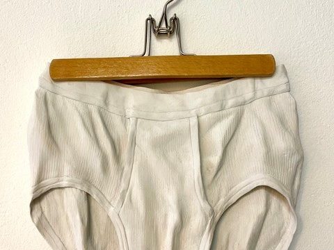 Munich Art Gallery Female Show 2026 - IN München - Das Stadtmagazin White cotton briefs hanging on a wooden clothes hanger against a light wall.
