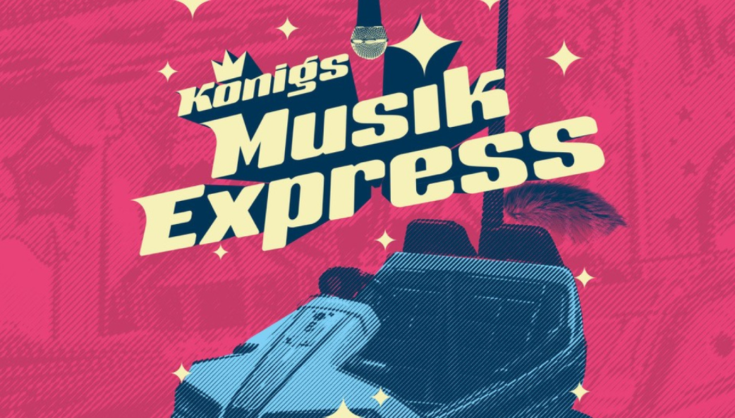 Musik Express - IN München - Das Stadtmagazin Poster advertising Königs Musik Express with bold cream typography on a bright pink background and a blue illustrated hand holding a microphone amid star accents.