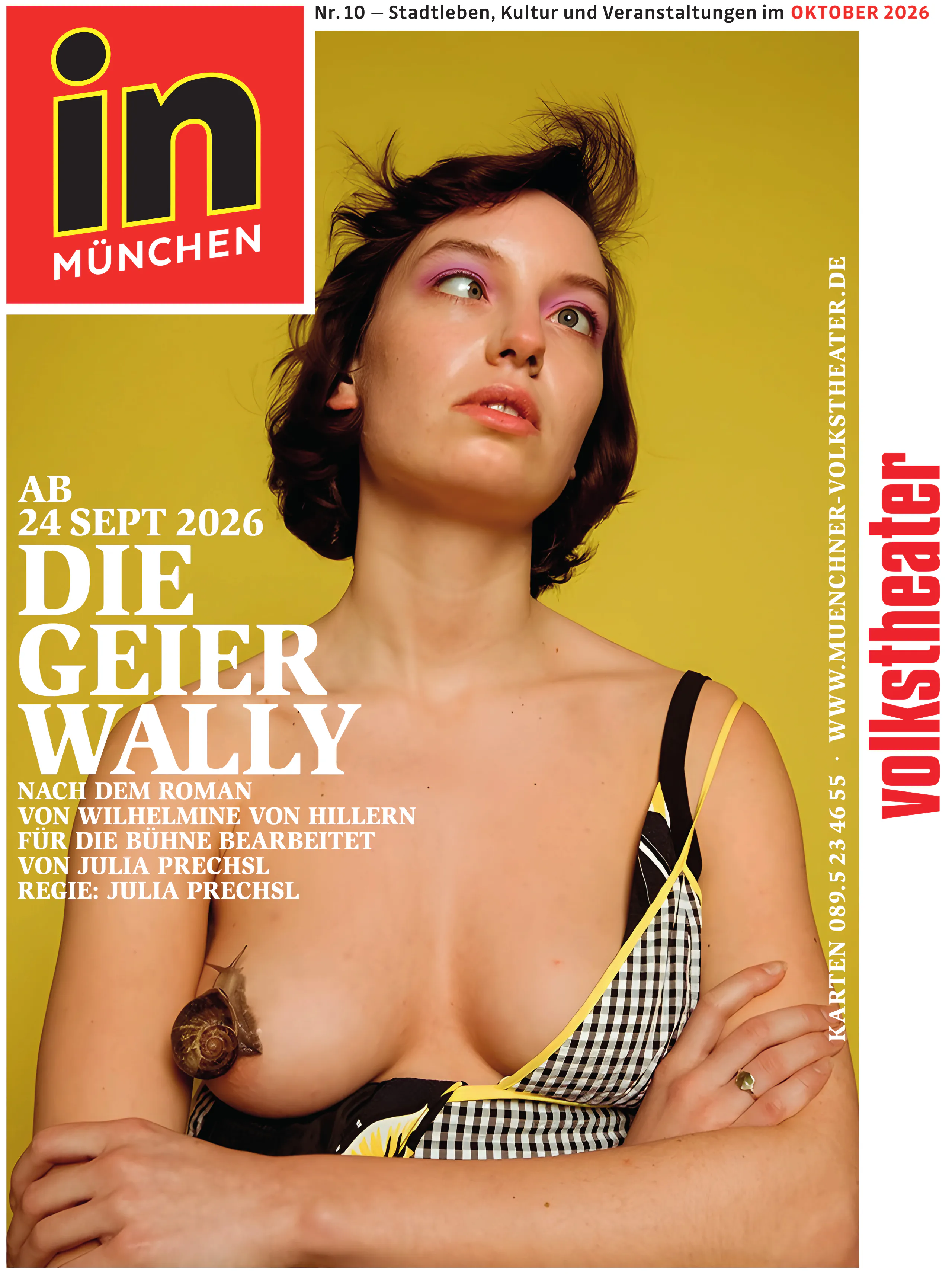 Oktober 2026 Titel - IN München - Das Stadtmagazin Cover of In München magazine showing a topless woman against a yellow background, with bold white text and a red'in München' logo in the top-left corner.