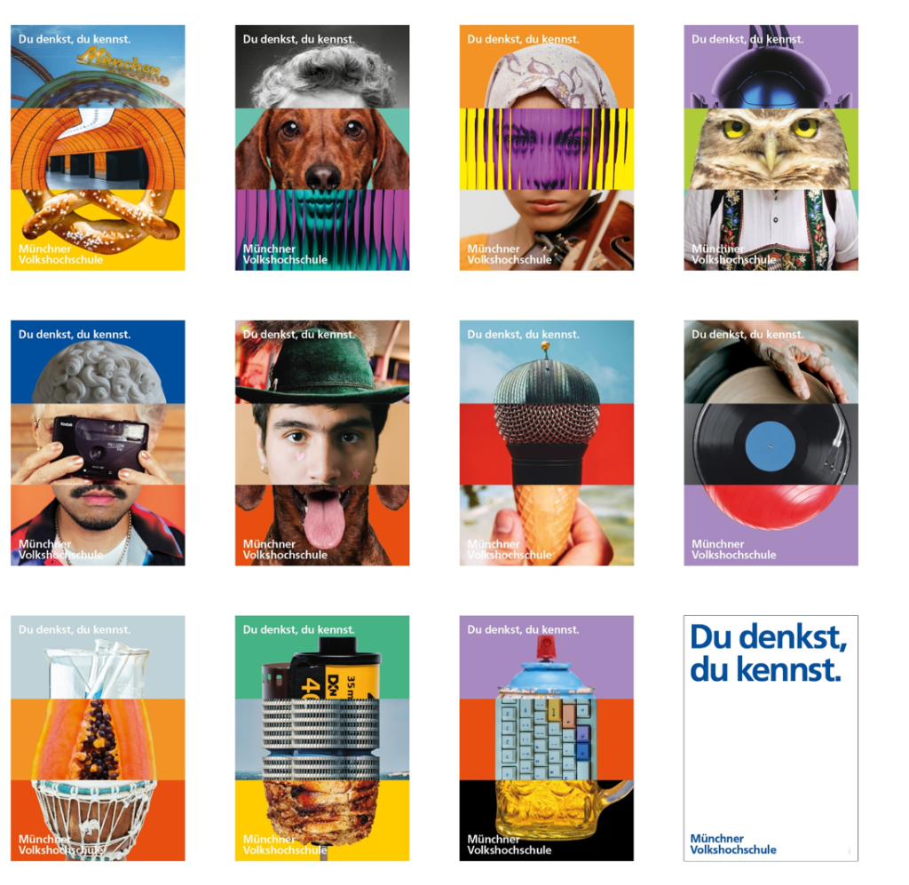 image003 - IN München - Das Stadtmagazin Grid of 16 colorful posters for Münchner Volkshochschule, each with the slogan 'Du denkst, du kennst.' at the top and the school name at the bottom, forming a vibrant collage.