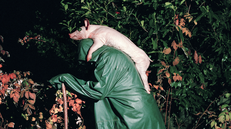 philophobia - IN München - Das Stadtmagazin Person in a green coat at night carries a pale pig carcass draped over their shoulder in a garden.