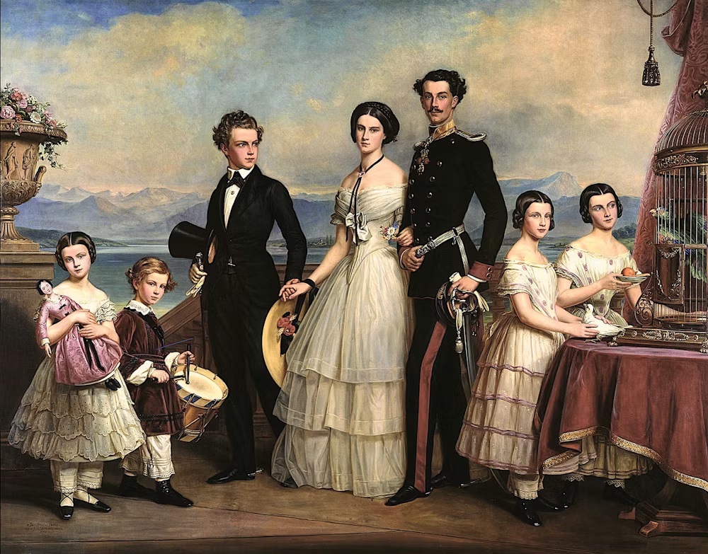 sisis familie - IN München - Das Stadtmagazin Royal family portrait in formal 19th-century attire: a man in military uniform, a woman in pale gown, and attendants with musical instruments on a veranda.