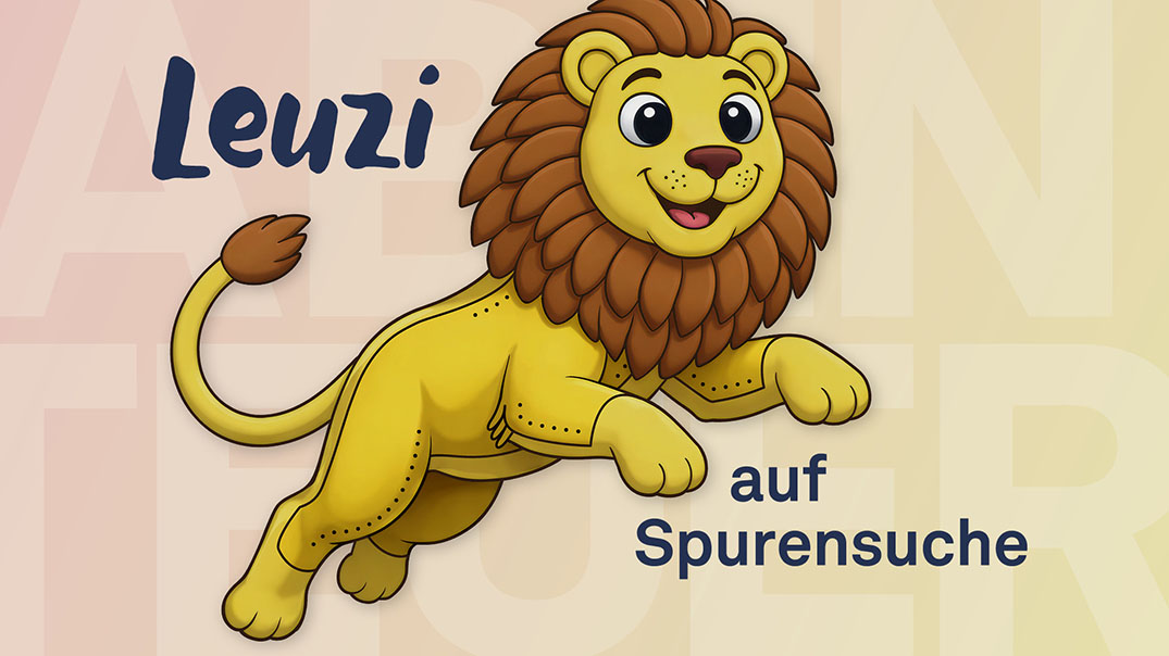 26_Leuzi_OnlineTeaser_inMue_mit - IN München - Das Stadtmagazin Cartoon lion mascot named Leuzi leaping forward with the words 'auf Spurensuche' in the background.