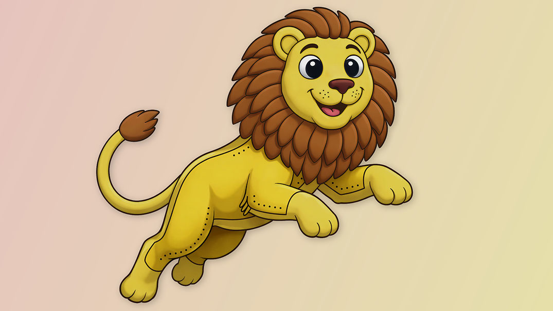 Cartoon lion cub with a brown mane leaping mid-air on a pastel gradient background, smiling.