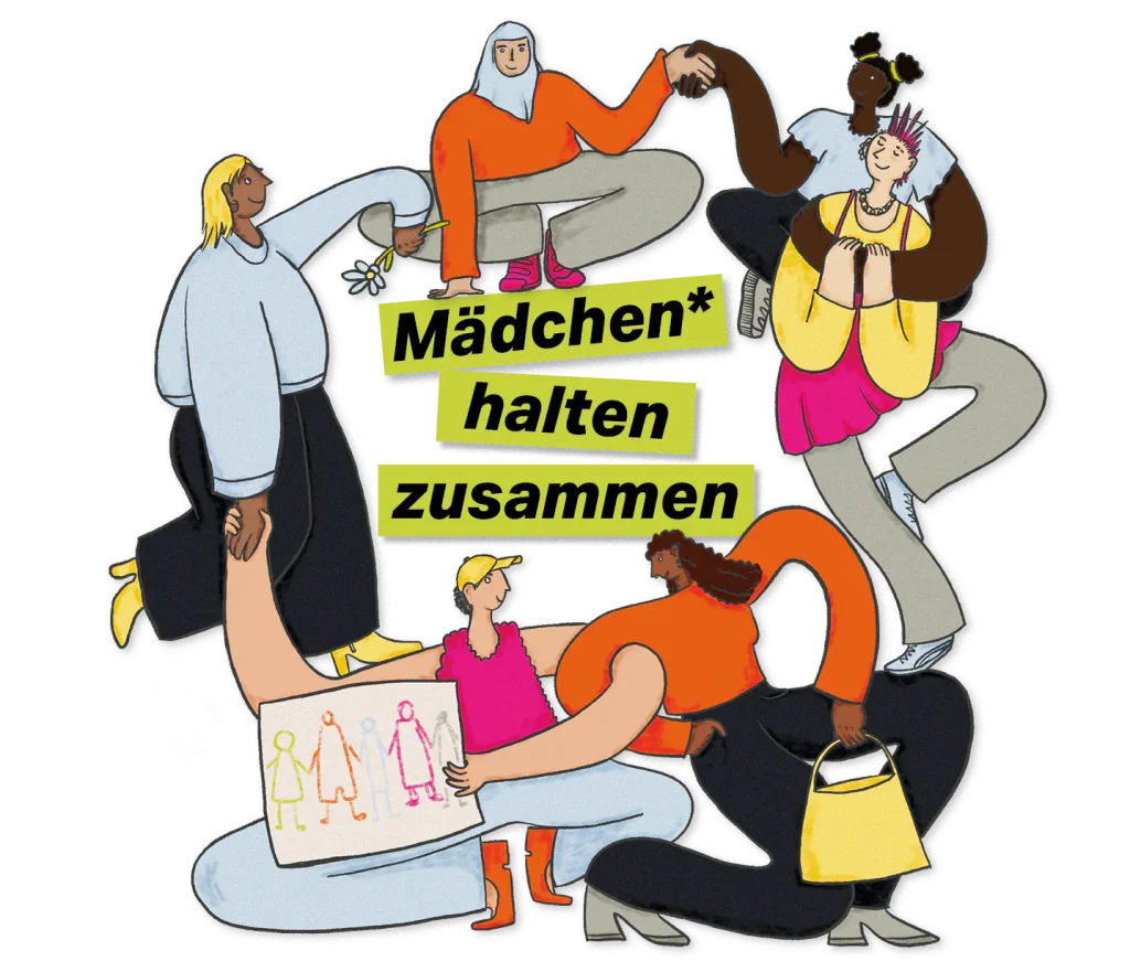 ©Clara Schlegelmilch - IN München - Das Stadtmagazin Diverse group of people in a circle, holding hands around a yellow sign that reads 'Mädchen halten zusammen'.