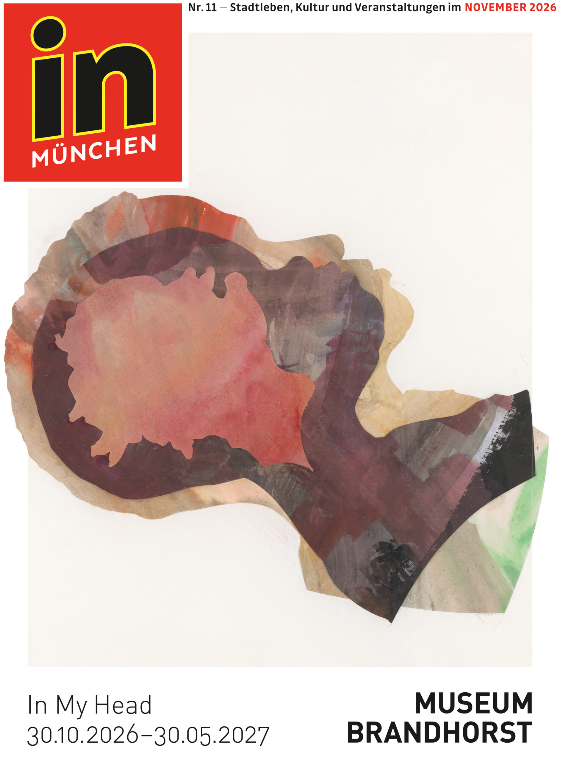 November-2026-IN-Titel - IN München - Das Stadtmagazin Poster with a red 'in München' logo top-left and colorful abstract flower shapes on a pale background; bottom text mentions 'In My Head' and dates for Museum Brandhorst.