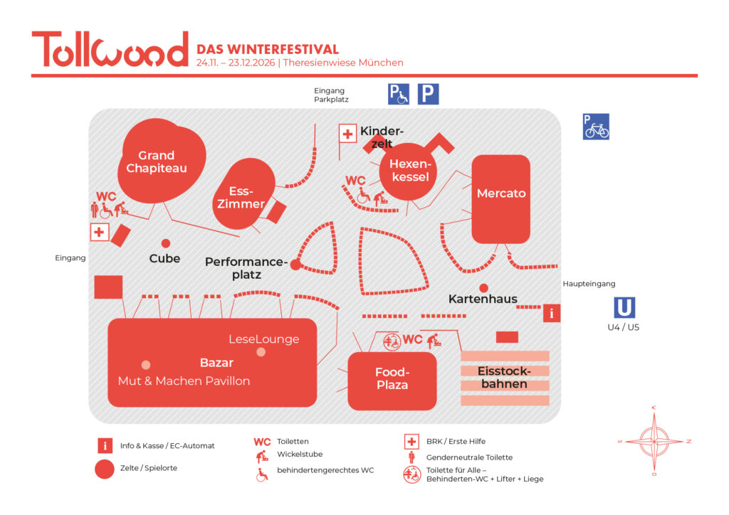 LY_Tollwood_Geländeplan_Wi2026_quer.indd - IN München - Das Stadtmagazin Schematic map of Tollwood Winterfestival with labeled zones like Grand Chapiteau, Hexenkessel, Mercato and LeseLounge on a grey striped background.