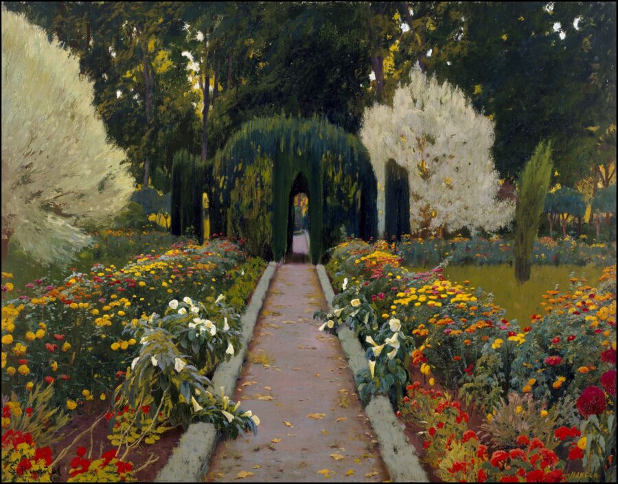 kunsthalle-muenchen-rusinol-garden-at-aranjuez-900x705 - IN München - Das Stadtmagazin Impressionist garden path leading to a green arched doorway, bordered by colorful flower beds and trees.